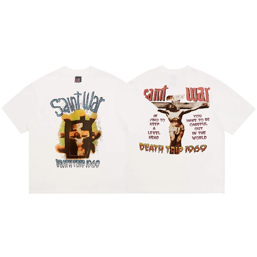Saint Michael cross male god VTG American print retro Vintage loose short-sleeved T-shirt with digital white ink direct printing. The fabric is breathable and the pattern is three-dimensional and clear. Fabric: Double yarn 240g Style number: S911 Size: S-M-L-XL Color: White Price: P110